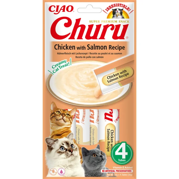 Friandise en crème pour chat poulet et saumon Inaba Ciao Churu - 4 x 14 g
