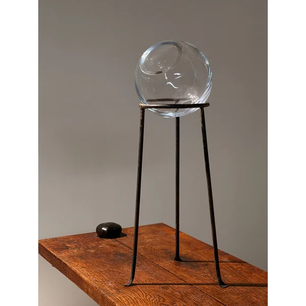 Glass Orb Vase on Wrought Iron Tripod Stand, France, circa 1960