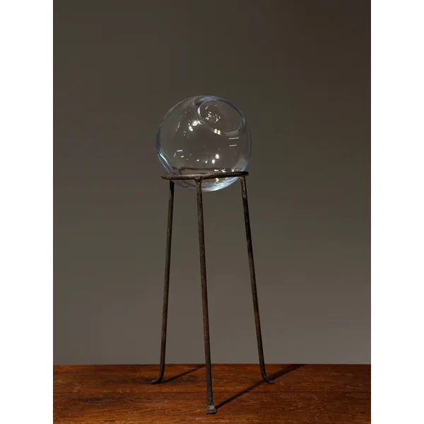 Glass Orb Vase on Wrought Iron Tripod Stand, France, circa 1960