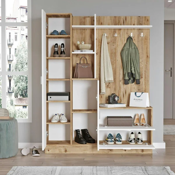 Grand vestiaire d’entrée décor blanc et bois 1 miroir JENA