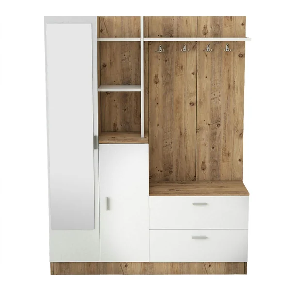 Grand vestiaire d’entrée décor blanc et bois 1 miroir JENA
