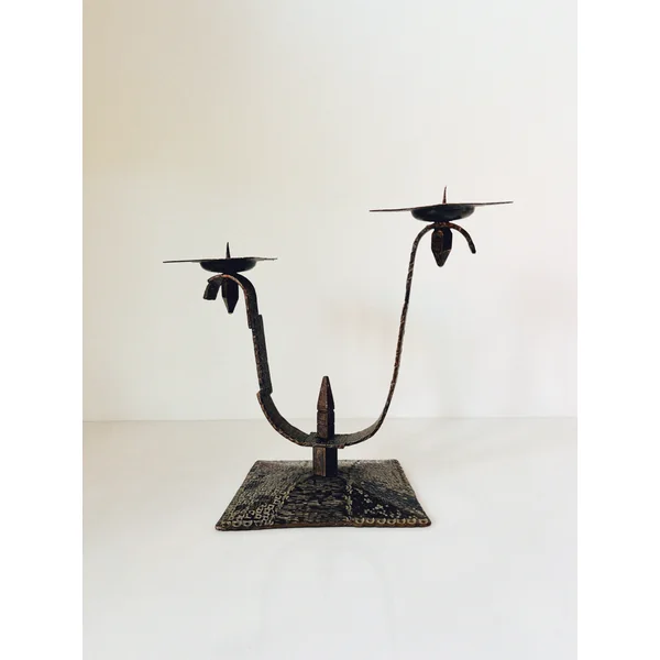 Hammered Metal 2 Arm Candlestick, Poland Mid Century