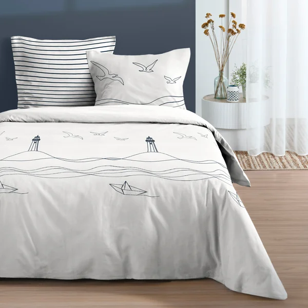 Housse de couette et deux taies en coton (240 x 220 cm) Bordemer Ecru
