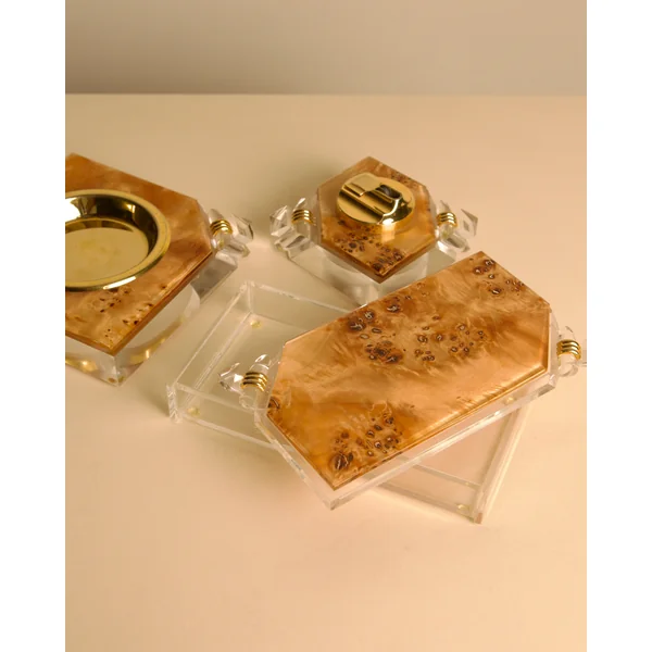 Italian 70s Desk Set for Smokers in Wood, Plexiglass, and Brass