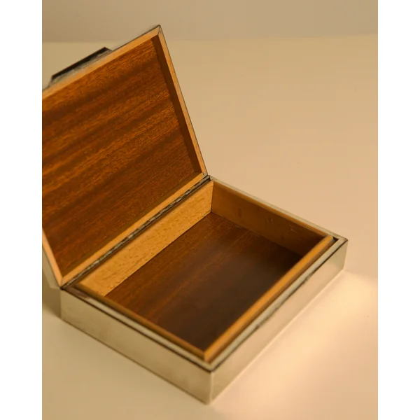 Italian Silver-plated Metal Box with a Wooden Interior, 80s