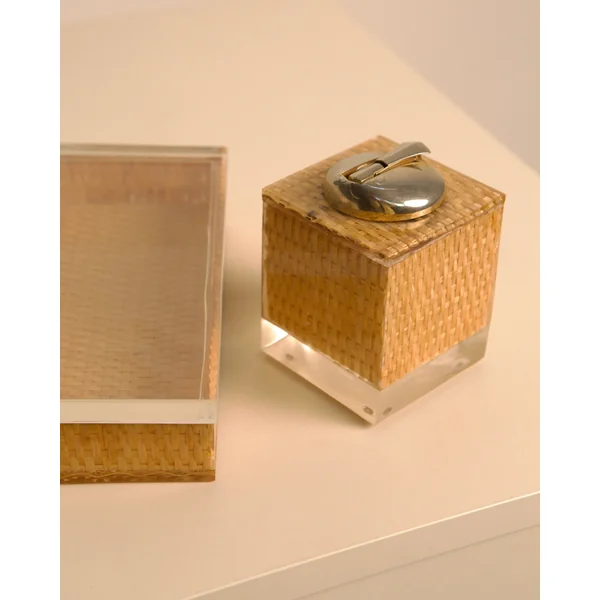 Italian wicker and plexiglass table lighter and box set from the 70s