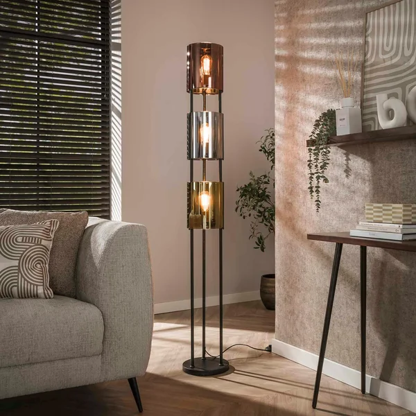 Lampadaire moderne tricolore, 3 abat-jour en verre NIAGARA