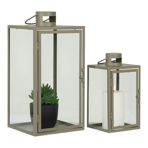 Lanterne décorative à poignée en métal beige et verre (lot de 2)
