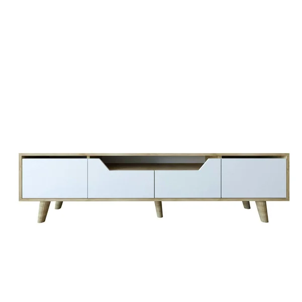 Long meuble TV 4 portes blanches et cadre clair 180 cm MARFA