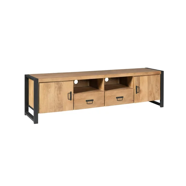 Long meuble TV bois clair métal noir 2 portes MILORA