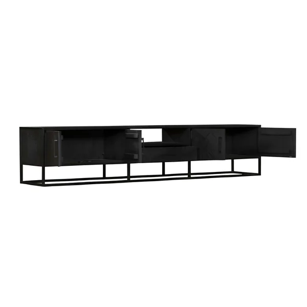 Long meuble TV bois noir 4 portes motif chevron ALVERA