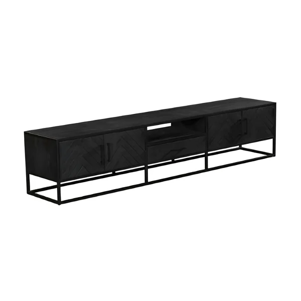 Long meuble TV bois noir 4 portes motif chevron ALVERA