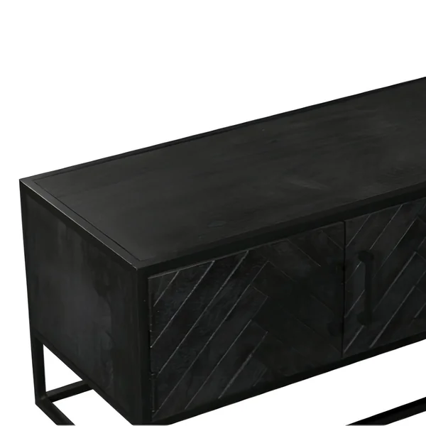 Long meuble TV bois noir 4 portes motif chevron ALVERA