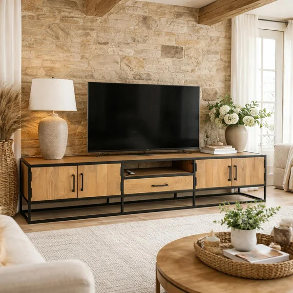 Long meuble TV en bois clair 4 portes 1 tiroir RIVANO