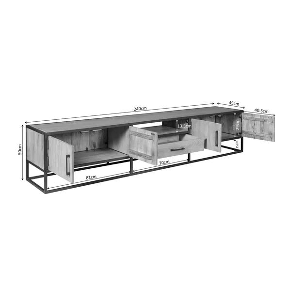 Long meuble TV en bois clair 4 portes 1 tiroir RIVANO