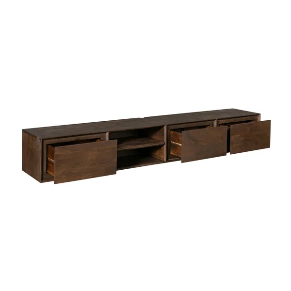 Long meuble TV suspendu bois foncé 3 tiroirs 1 niche 280 cm AERA