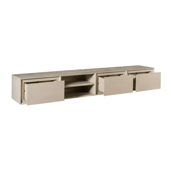 Long meuble TV suspendu bois sable 3 tiroirs 1 niche 280 cm AERA
