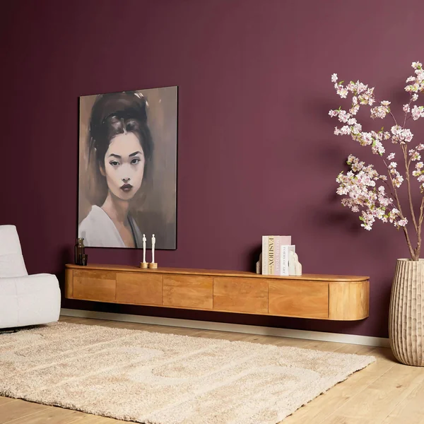 Long meuble TV suspendu en bois, bords arrondis 280 cm AREZZO