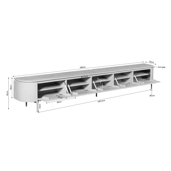 Long meuble TV suspendu en bois, bords arrondis 280 cm AREZZO