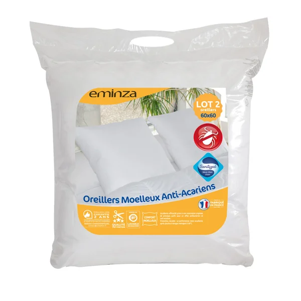 Lot de 2 oreillers carrés (60 x 60 cm) Moelleux Anti-acariens Blanc