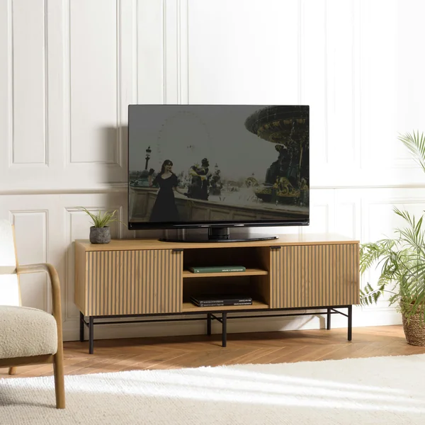 Meuble TV 2 portes 2 niches décor effet bois rainuré noir/naturel OLETTA