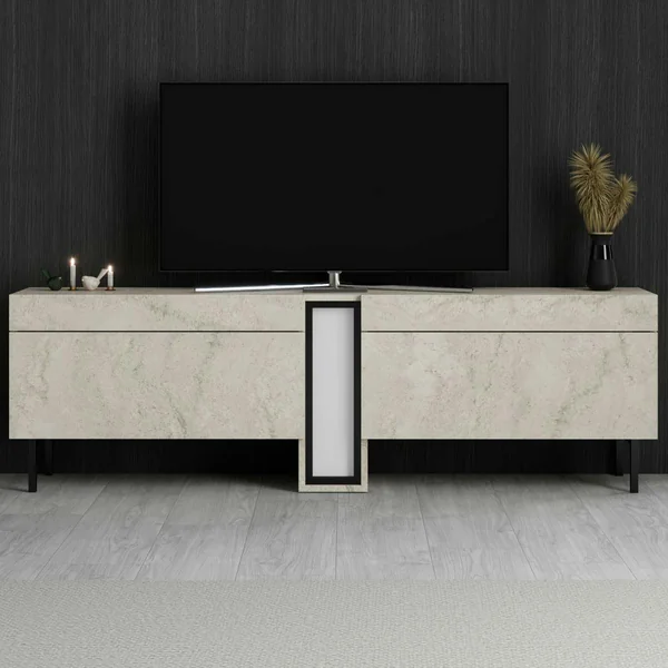 Meuble TV 2 portes décor travertin à colonne LED AURA