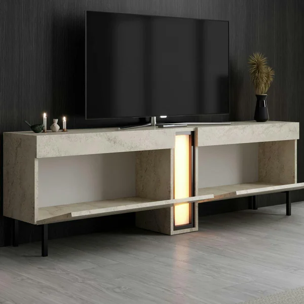 Meuble TV 2 portes décor travertin à colonne LED AURA