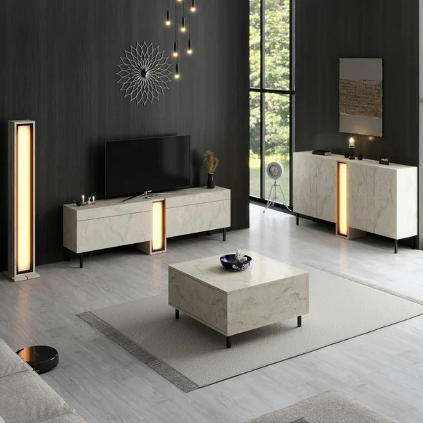 Meuble TV 2 portes décor travertin à colonne LED AURA