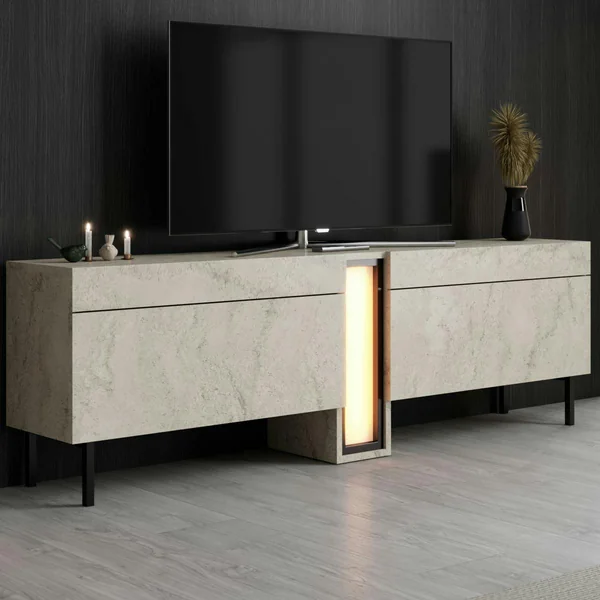 Meuble TV 2 portes décor travertin à colonne LED AURA