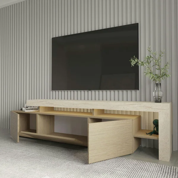 Meuble TV 3 portes décor bois travertin cadre ouvert AURA