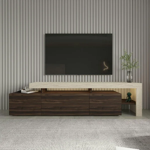 Meuble TV 3 portes décor noyer travertin cadre ouvert AURA