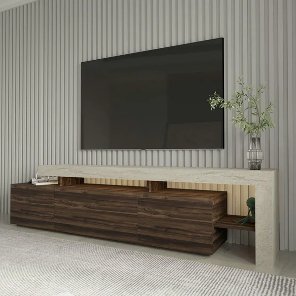 Meuble TV 3 portes décor noyer travertin cadre ouvert AURA