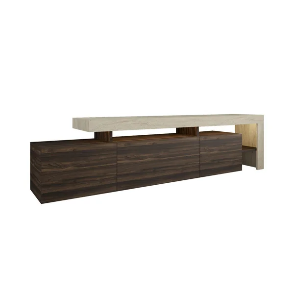 Meuble TV 3 portes décor noyer travertin cadre ouvert AURA