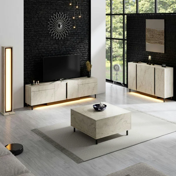 Meuble TV 4 portes décor travertin LED à télécommande AURA