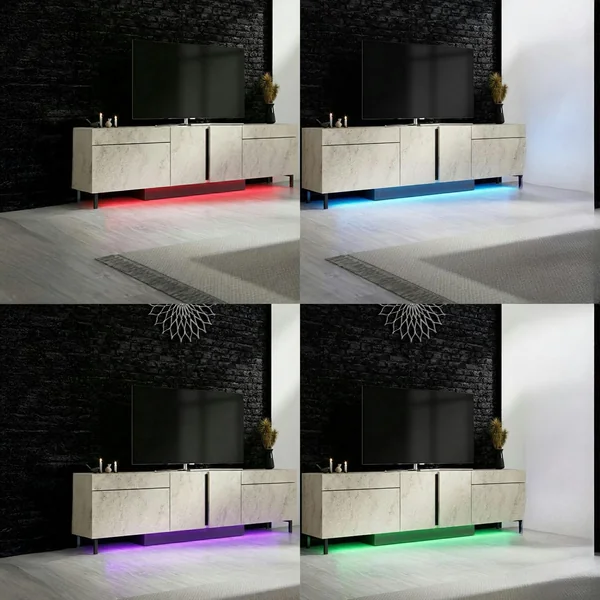 Meuble TV 4 portes décor travertin LED à télécommande AURA