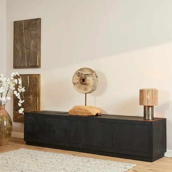 Meuble TV avec rangement bois noir 200 cm MONTARO