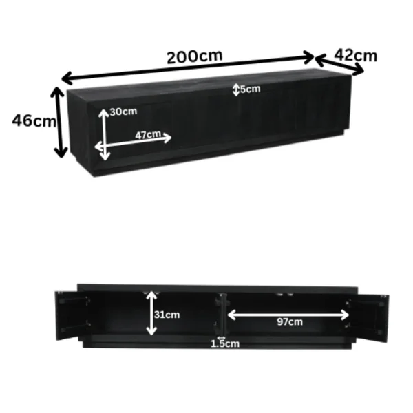 Meuble TV avec rangement bois noir 200 cm MONTARO