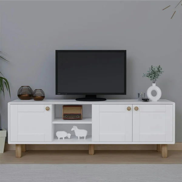 Meuble TV blanc, 3 portes à cadre et 2 niches VAREN