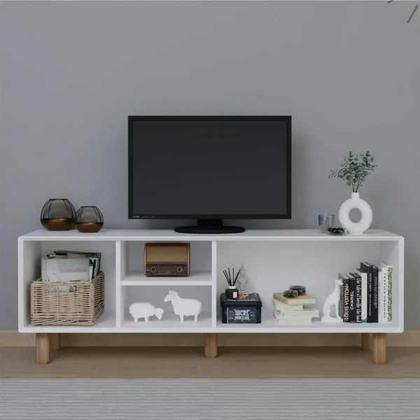 Meuble TV blanc, 3 portes à cadre et 2 niches VAREN