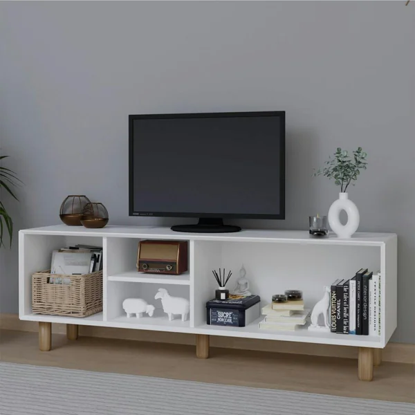 Meuble TV blanc, 3 portes à cadre et 2 niches VAREN
