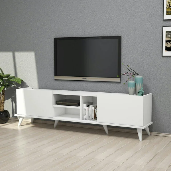 Meuble TV blanc avec rangement 2 portes 3 niches UMEA