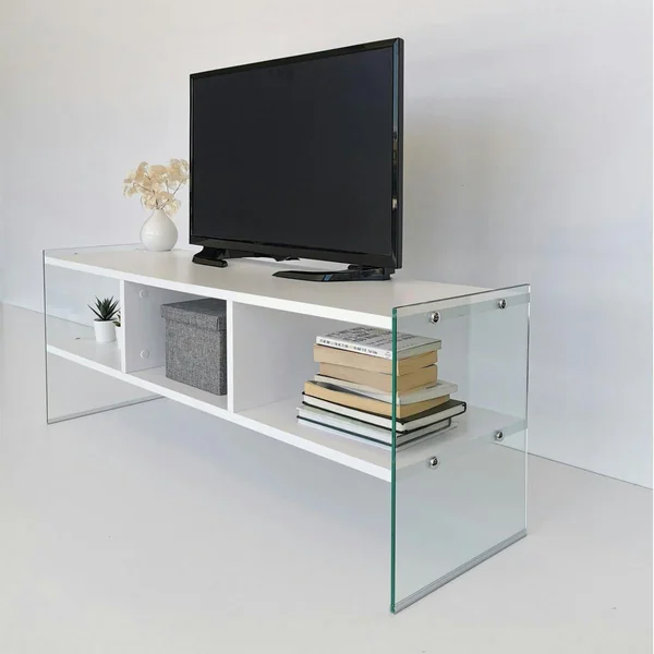 Meuble TV blanc design avec montants en verre SALTA