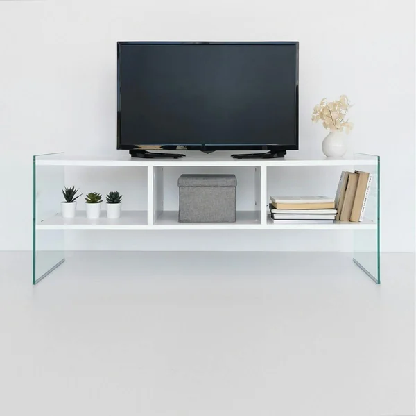 Meuble TV blanc design avec montants en verre SALTA