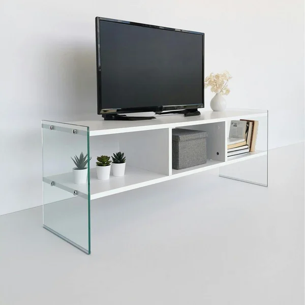 Meuble TV blanc design avec montants en verre SALTA