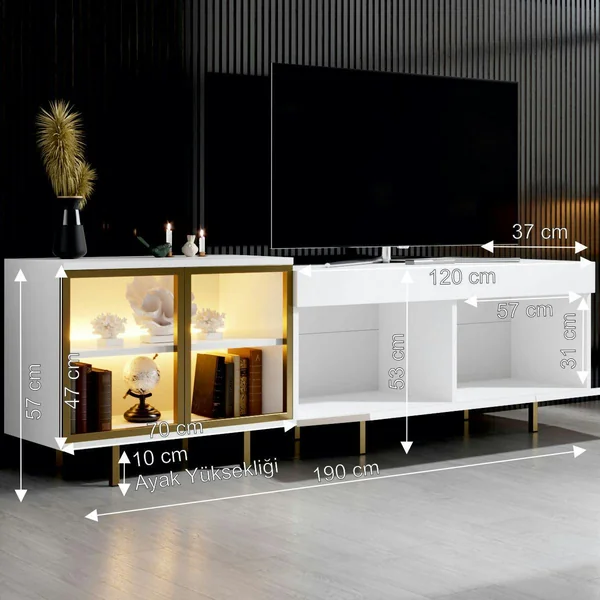 Meuble TV blanc et doré 2 portes 1 niche LED AURA