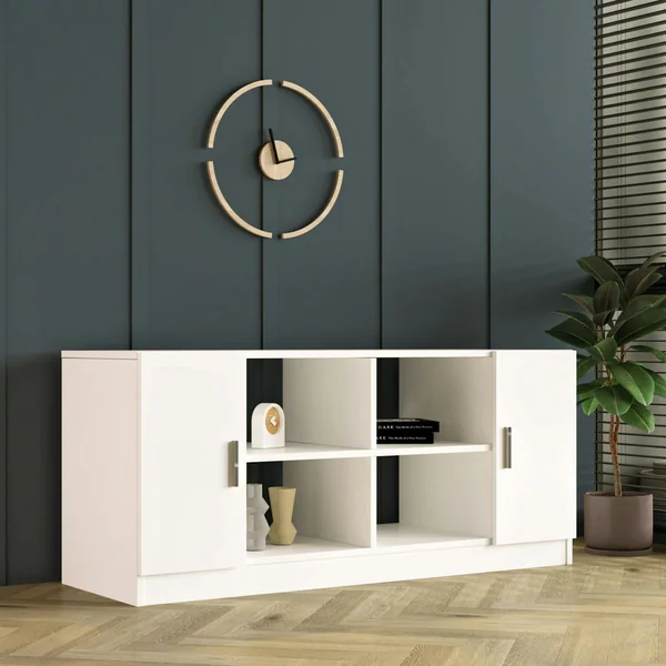 Meuble TV blanc moderne 2 portes 4 niches ouvertes MARFA