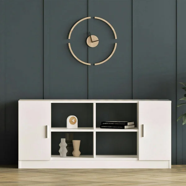 Meuble TV blanc moderne 2 portes 4 niches ouvertes MARFA