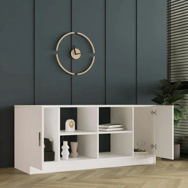 Meuble TV blanc moderne 2 portes 4 niches ouvertes MARFA