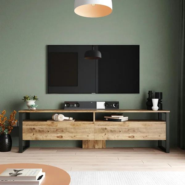 Meuble TV campagne décor bois 4 espaces de rangement JENA