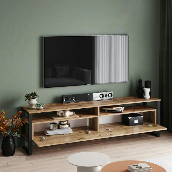 Meuble TV campagne décor bois 4 espaces de rangement JENA